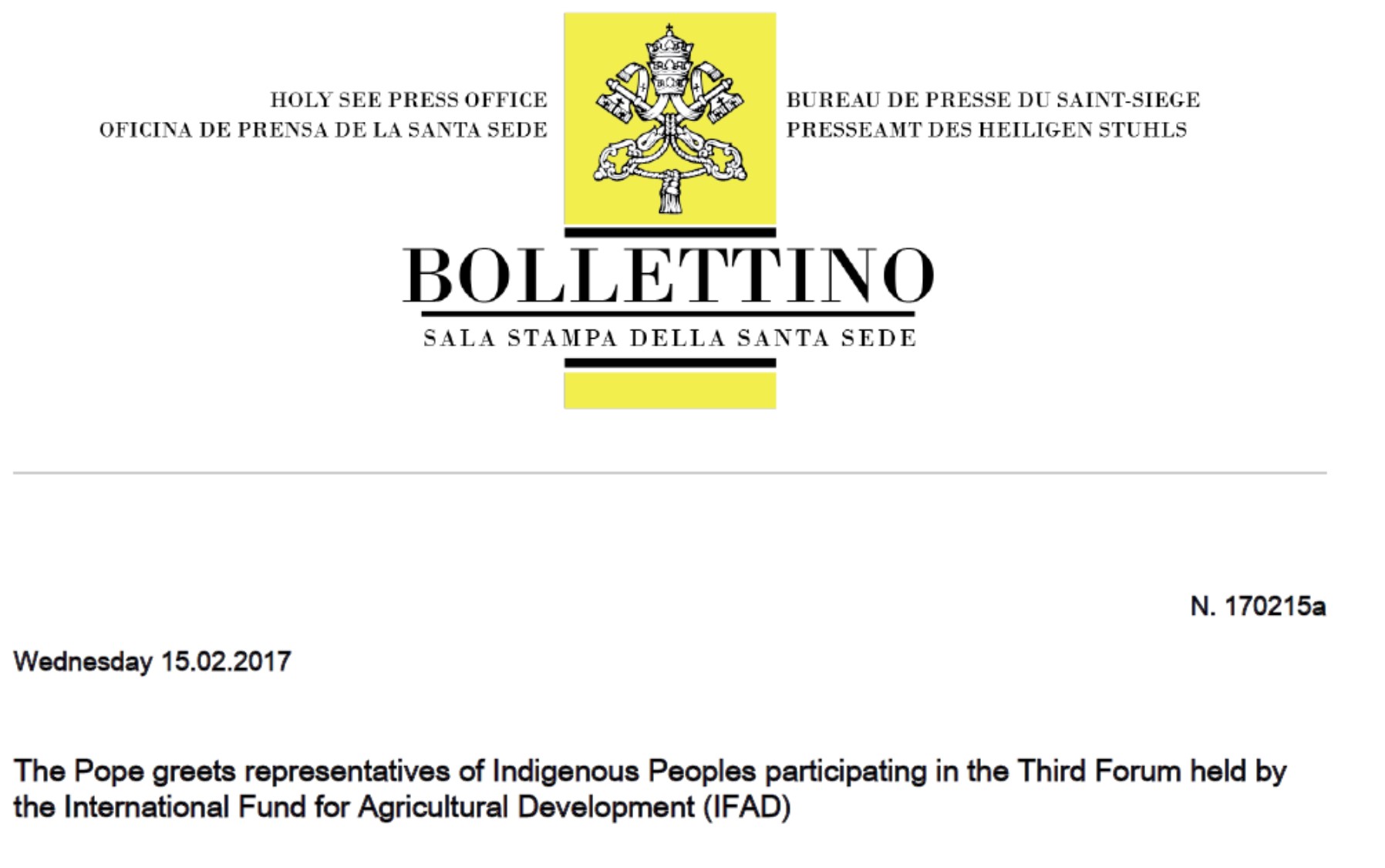 021517 Vatican Press Release Indigenous People MUST Have FINAL Say