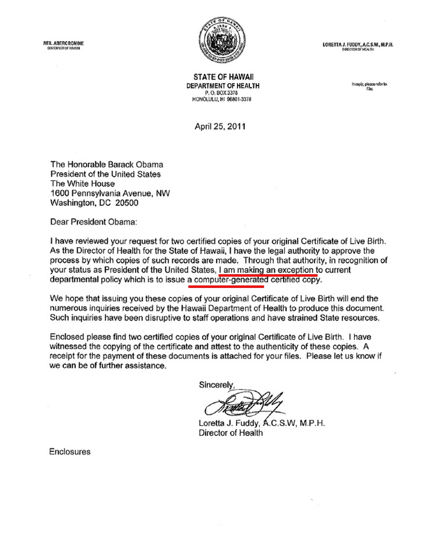 042511 Loretta Fuddy Provides COMPUTER Generated Copy Of Barack Obama Cetificate Of Live Birth