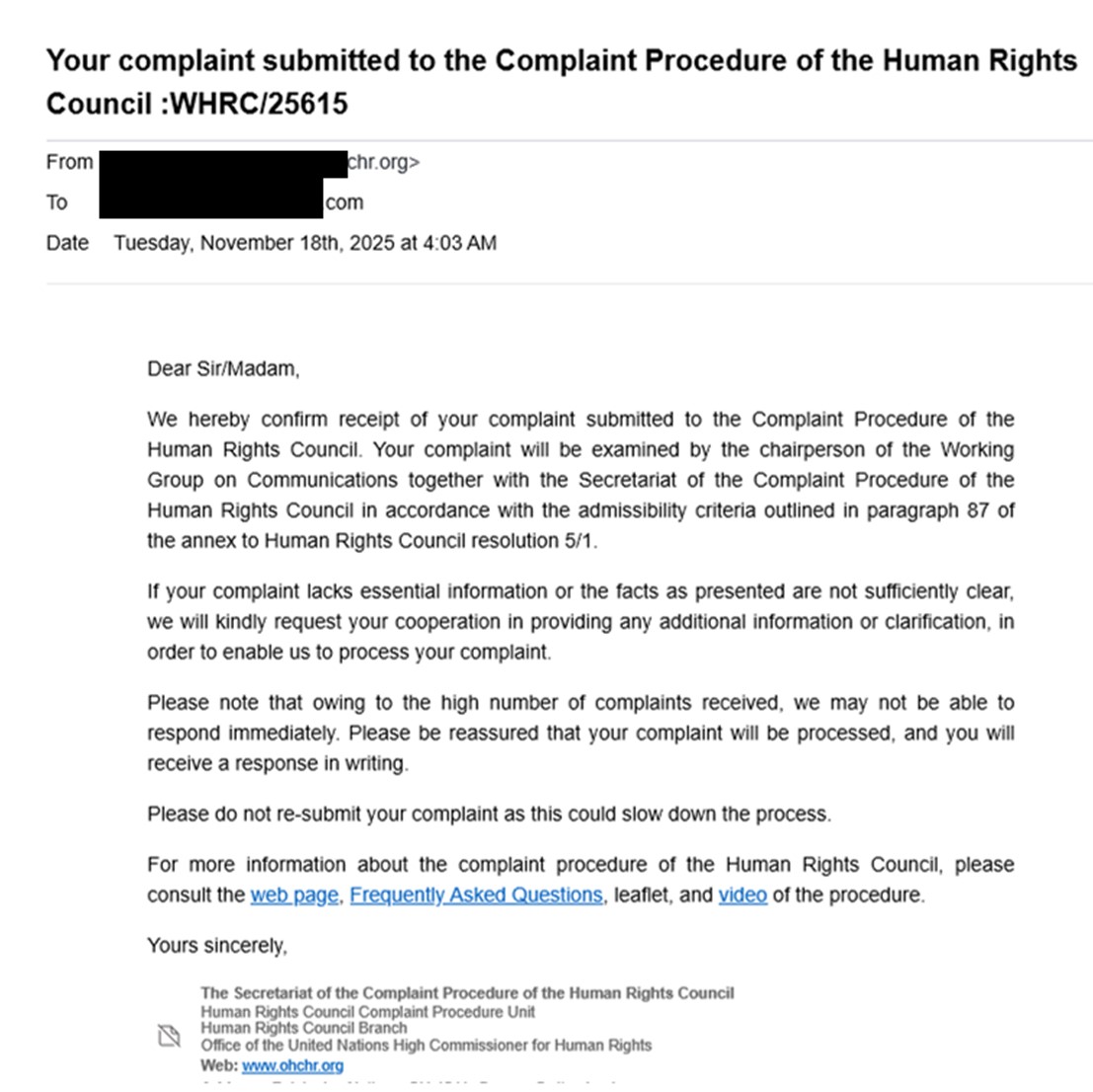 111825 EMAIL Confirmation From United Nations Regarding International MILITARY Tribunals