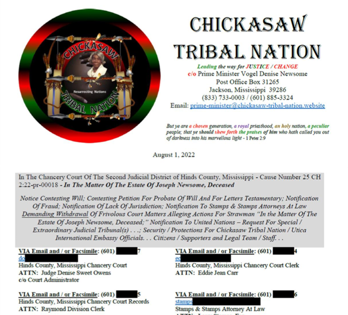 08/01/2022 Communication To Hinds County, Mississippi Chancery Court Regarding Estate Of Joseph Newsome