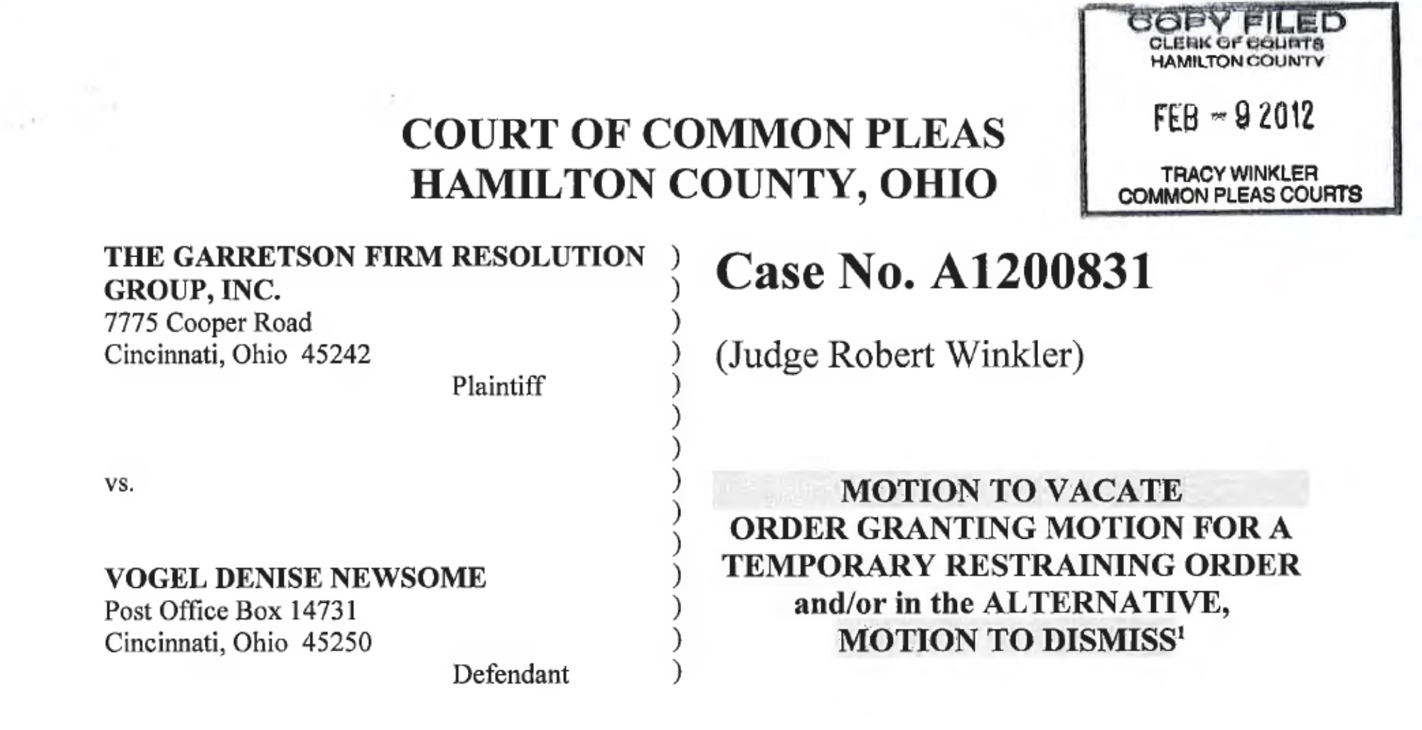 020912 Motion To Vacate GARRETSON Resolution Group Lawsuit